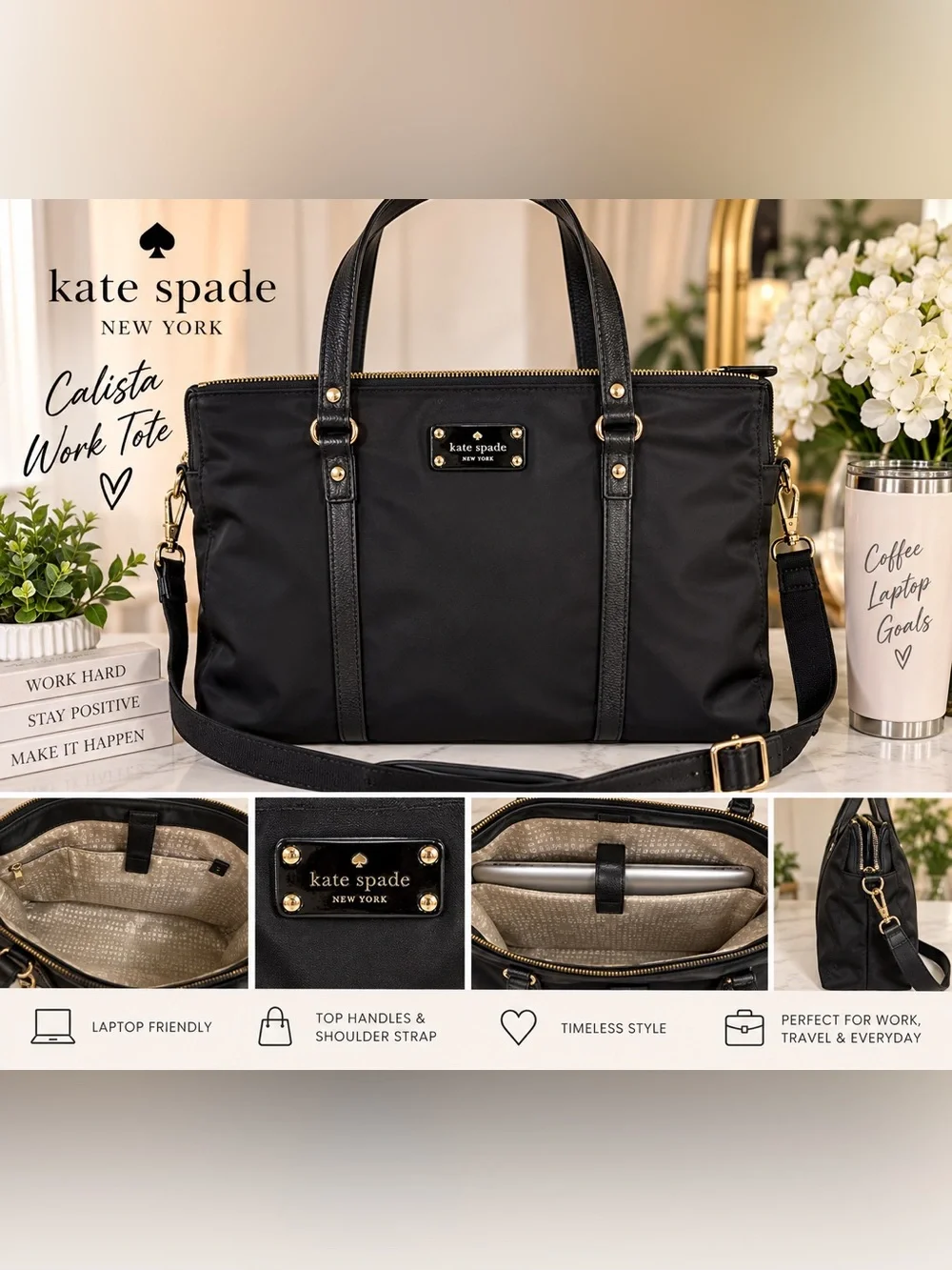 Kate Spade Calista Black Nylon Laptop Work Tote Shoulder Bag